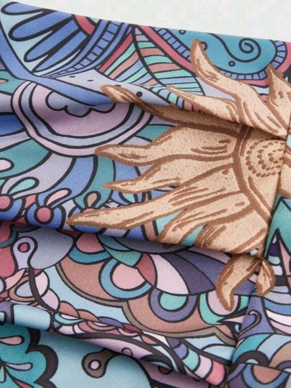 ROMWE Brown & Teal Sun Motif Midi Skirt W/ Quarter Cut And Disguised Back zipper - Picture 4 of 13